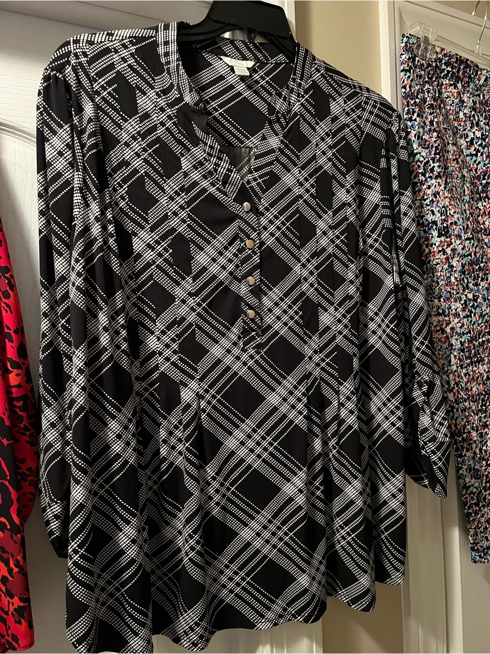 Black & White Plaid Long Sleeve Henley Top